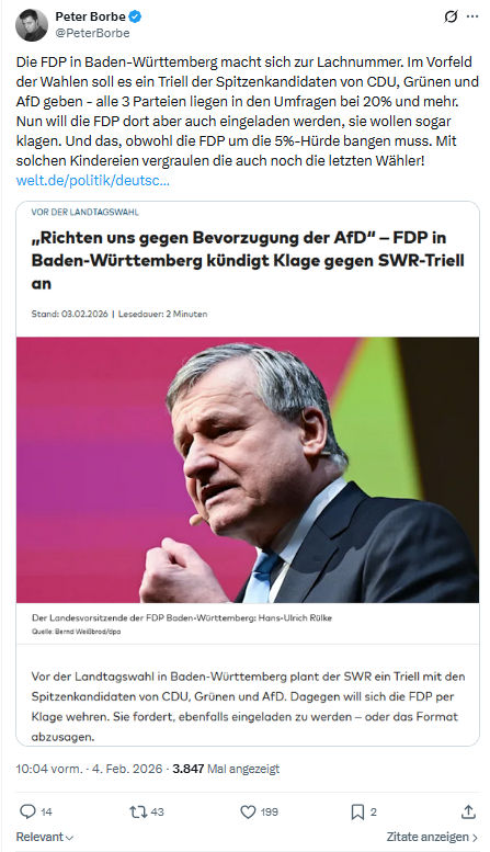 Peter Borbe: Die FDP in Baden-Württemberg macht sich zur Lachnummer...