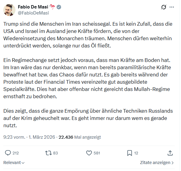 Fabio De Masi: Trump sind die Menschen im Iran scheissegal...
