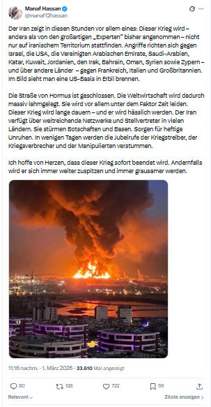 Manaf Hassan: Der Iran zeigt in diesen Stunden vor allem eines...