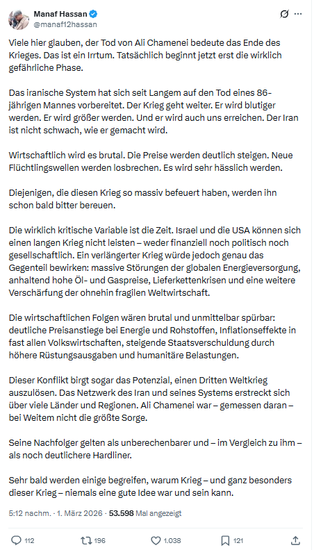 Manaf Hassan: Viele hier glauben, der Tod von Ali Chamenei...