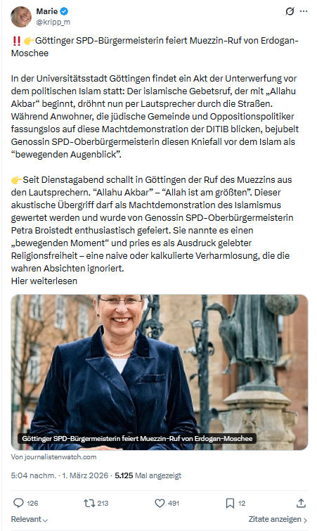 Marie kripp: Göttinger SPD-Bürgermeisterin feiert Muezzin-Ruf von Erdogan-Moschee...