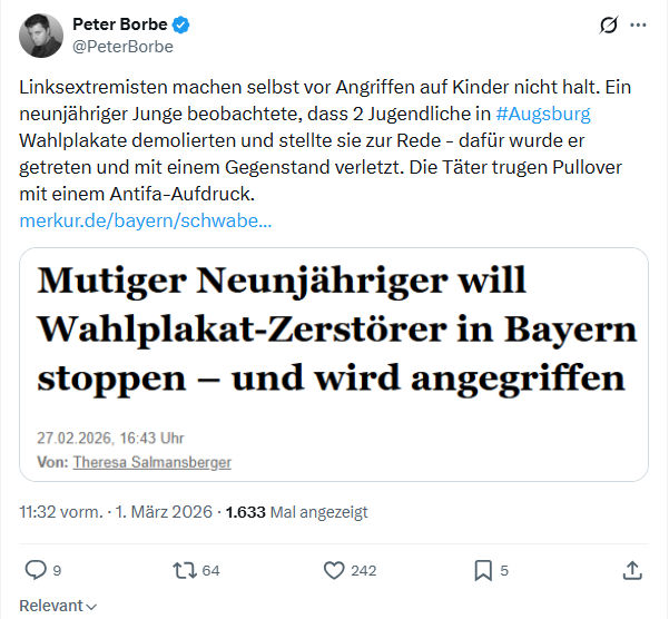 Peter Borbe: Linksextremisten machen selbst vor Angriffen auf Kinder...