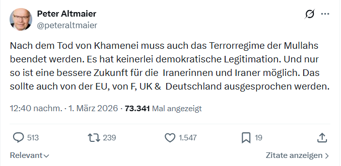 Peter Altmaier: Nach dem Tod von Khamenei muss auch das Terrorregime...