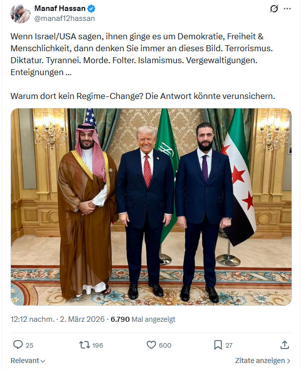 Manaf Hassan: Wenn Israel/USA sagen, ihnen ginge es um Demokratie...