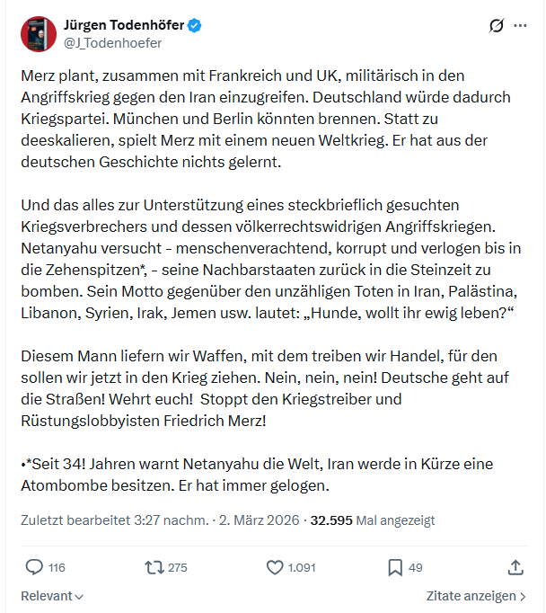Jürgen Todenhöfer: Merz plant, zusammen mit Frankreich und UK...