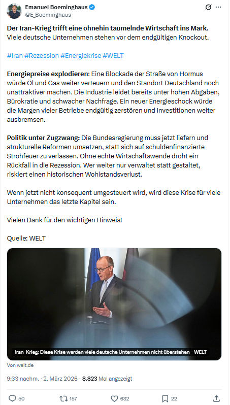Emanuel Boeminghaus: Der Iran-Krieg trifft eine ohnehin taumelnde...