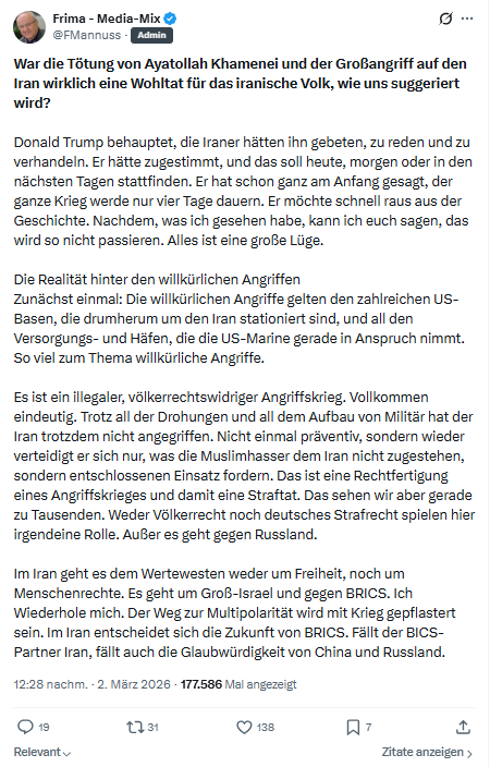 Friedrich Mannus: War die Tötung von Ayatollah Khamenei...