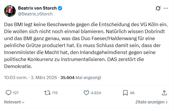 Beatrix von Storch: Das BMI legt keine Beschwerde gegen die Entscheidung...