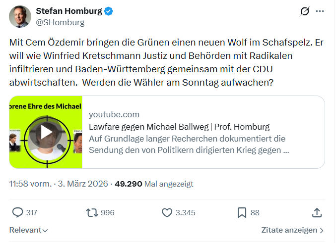 Stefan Homburg: Mit Cem Özdemir bringen die Grünen einen neuen Wolf im Schafspelz...