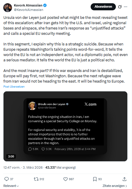 Kevork Almassian: Ursula von der Leyen just posted...