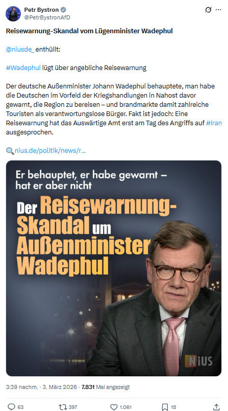 Petr Bystron: Reisewarnung-Skandal vom Lügenminister Wadephul...