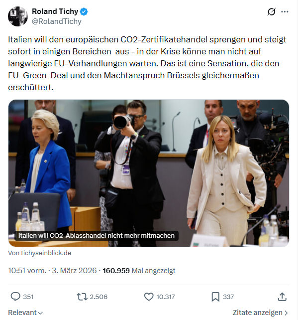 Roland Tichy: Italien will den europäischen CO2-Zertifikatehandel...