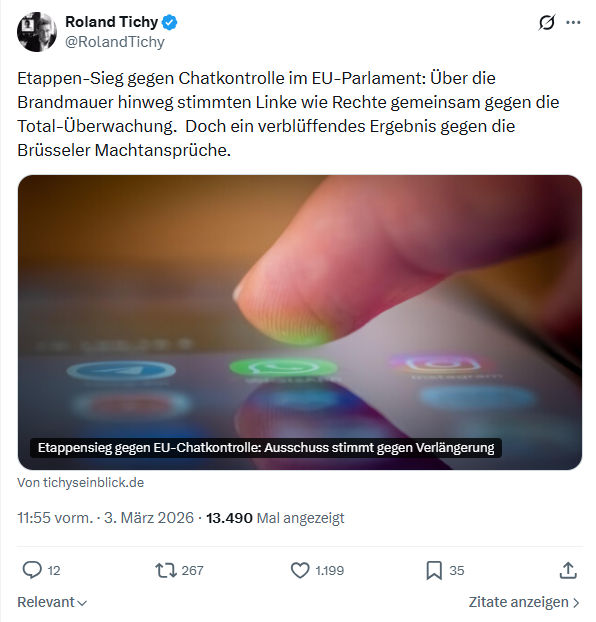 Roland Tichy: Etappen-Sieg gegen Chatkontrolle im EU-Parlament...