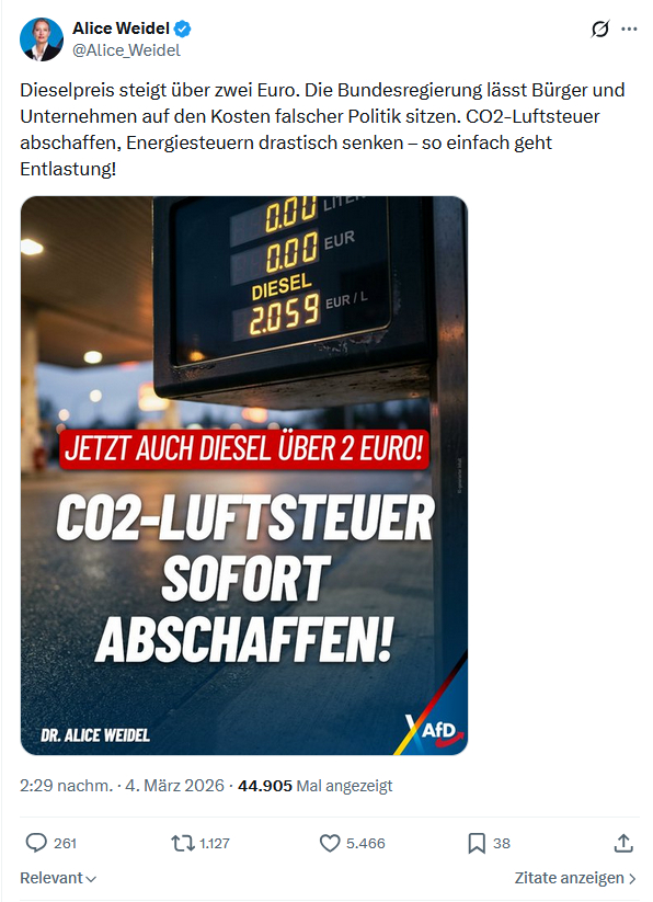 Alice Weidel: Dieselpreis steigt über zwei Euro...