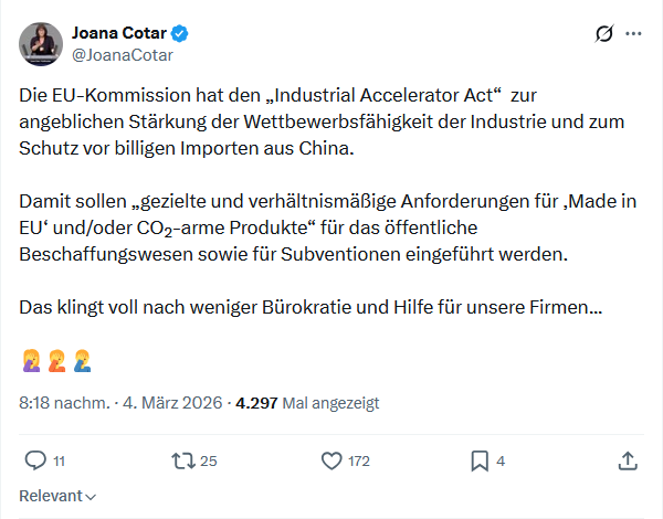 Joana Cotar: Die EU-Kommission hat den „Industrial Accelerator Act“...
