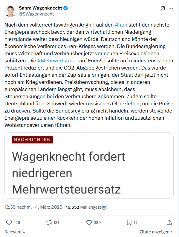 Sahra Wagenknecht: Nach dem völkerrechtswidrigen Angriff...