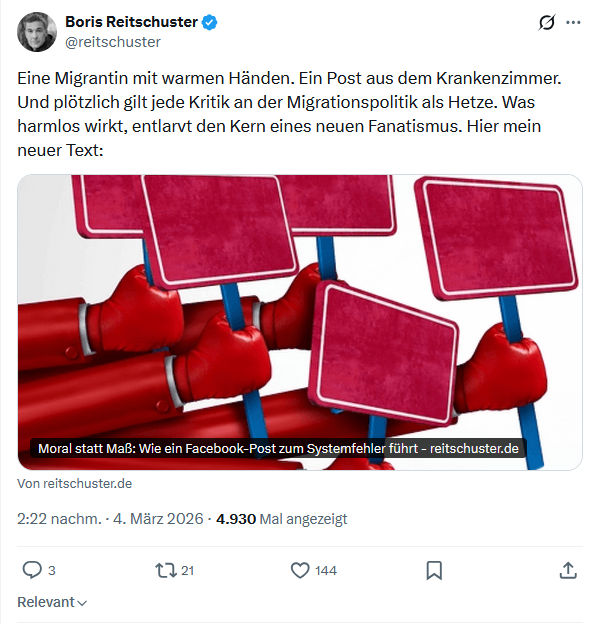 Boris Reitschuster: Eine Migrantin mit warmen Händen...