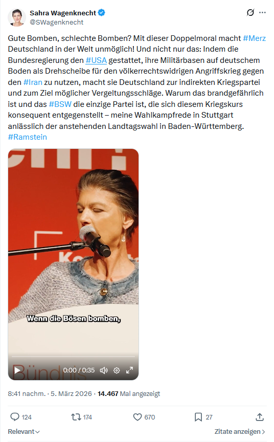 Sahra Wagenknecht: Gute Bomben, schlechte Bomben...