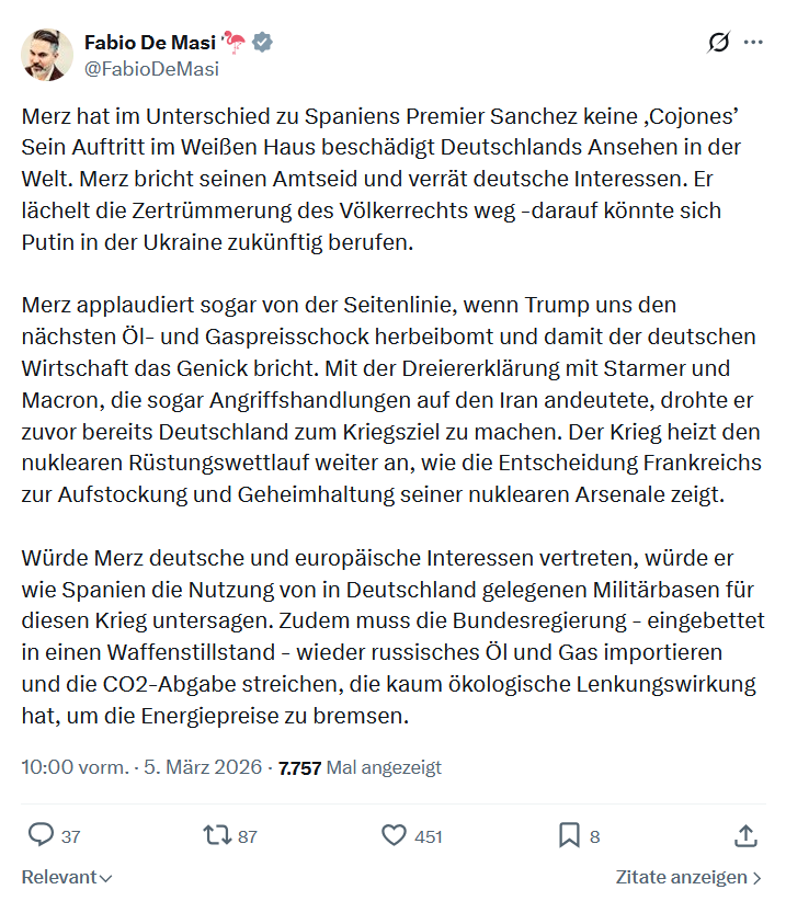 Fabio De Masi: Merz hat im Unterschied zu Spaniens Premier Sanchez keine...