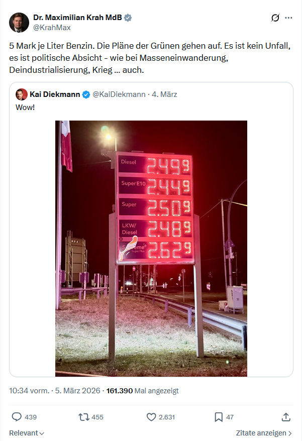Maximilian Krah: 5 Mark je Liter Benzin...