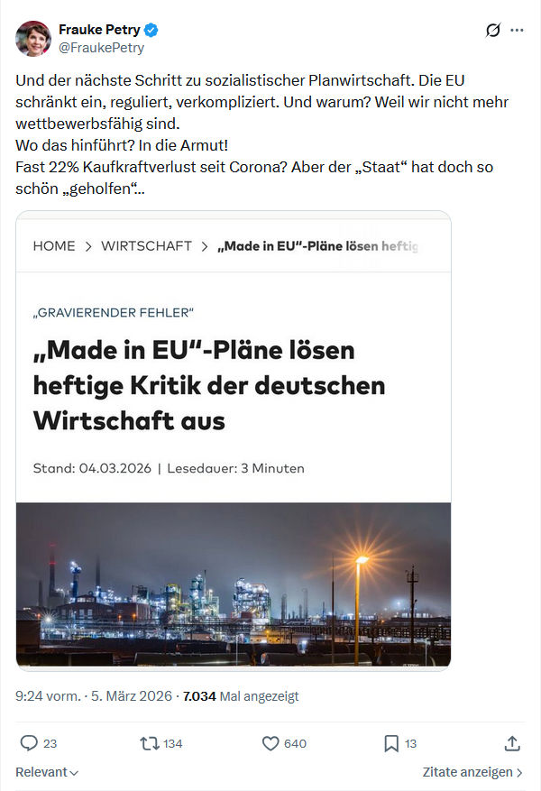 Frauke Petry: Und der nächste Schritt zu sozialistischer Planwirtschaft...