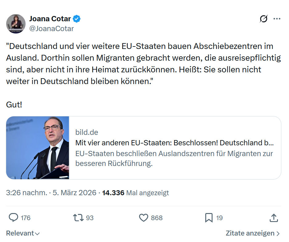 Joana Cotar: Deutschland und vier weitere EU-Staaten bauen Abschiebezentren...