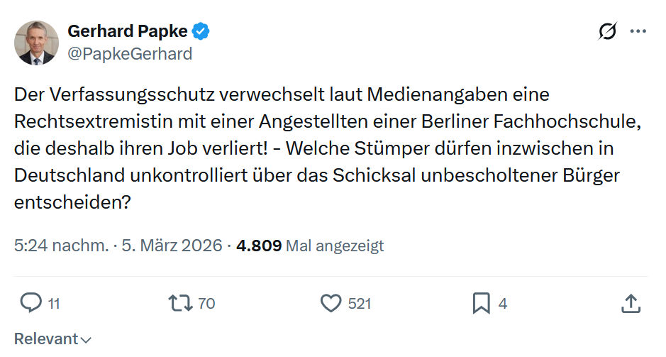 Gerhard Papke: Der Verfassungsschutz verwechselt laut Medienangaben...