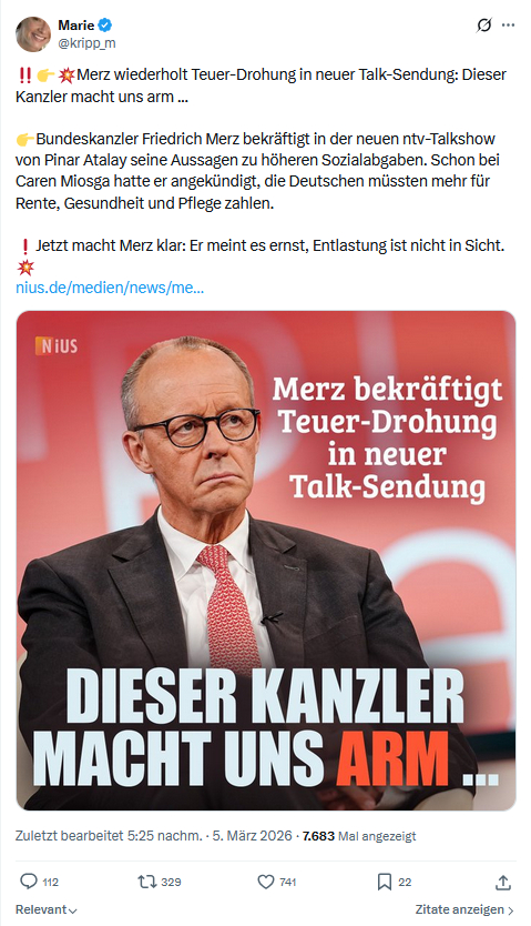 Marie kripp: Merz wiederholt Teuer-Drohung in neuer Talk-Sendung...