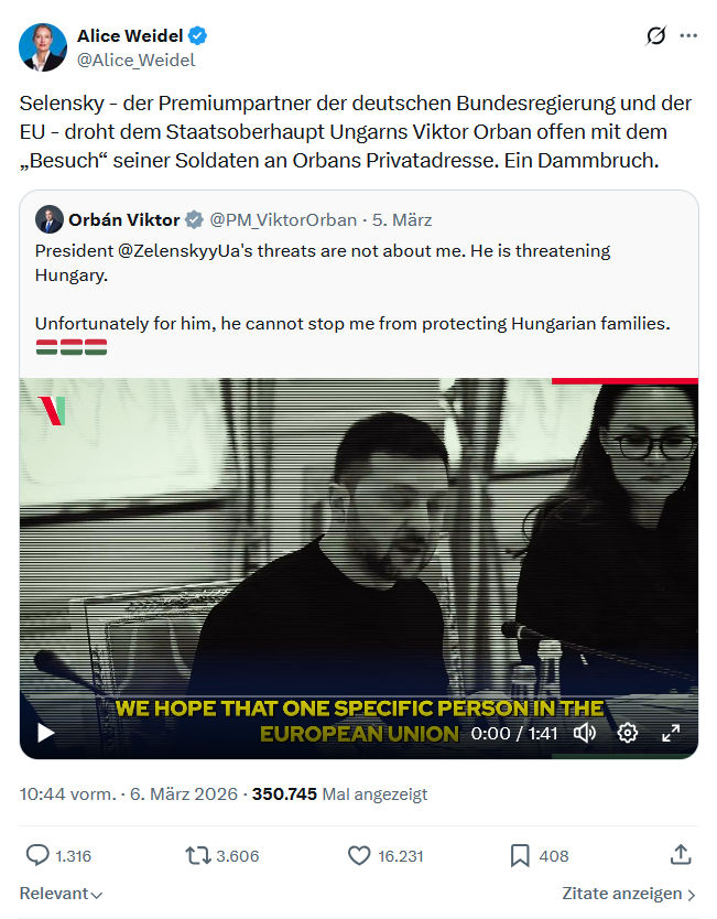 Alice Weidel: Selensky - der Premiumpartner der deutschen Bundesregierung...
