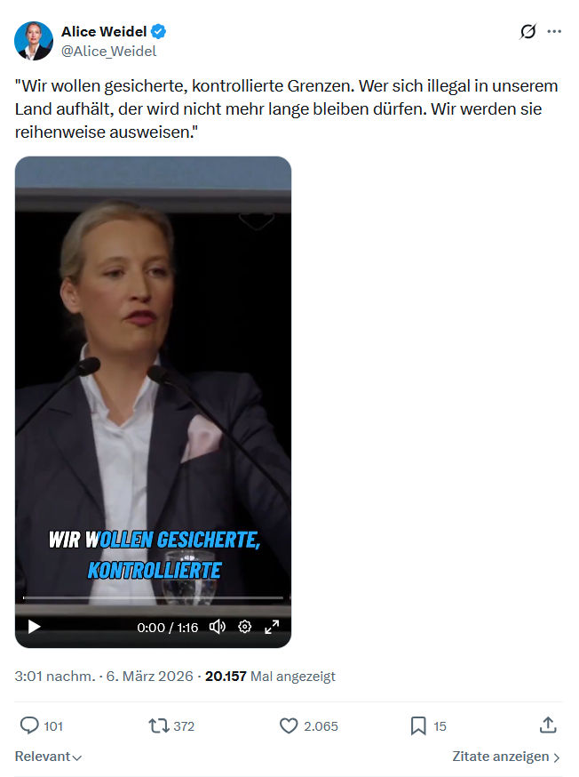 Alice Weidel: Wir wollen gesicherte, kontrollierte Grenzen...