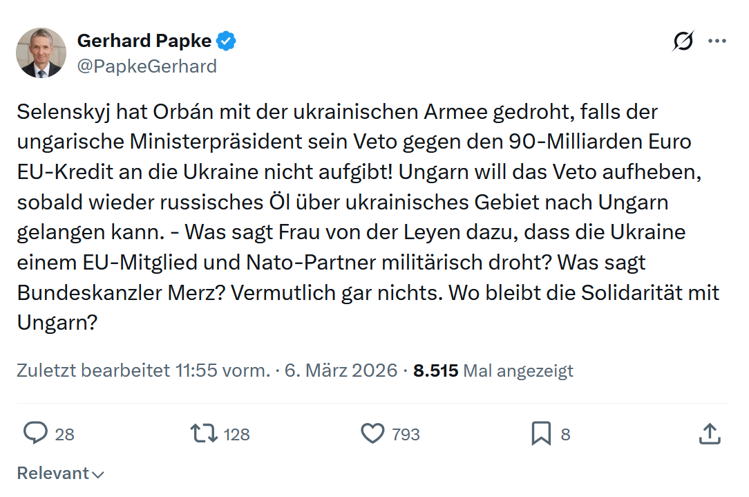 Gerhard Papke: Selenskyj hat Orbán mit der ukrainischen Armee gedroht...