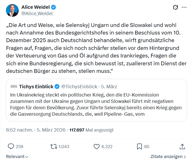 Alice Weidel: Die Art und Weise, wie Selenskyj Ungarn und die Slowakei...