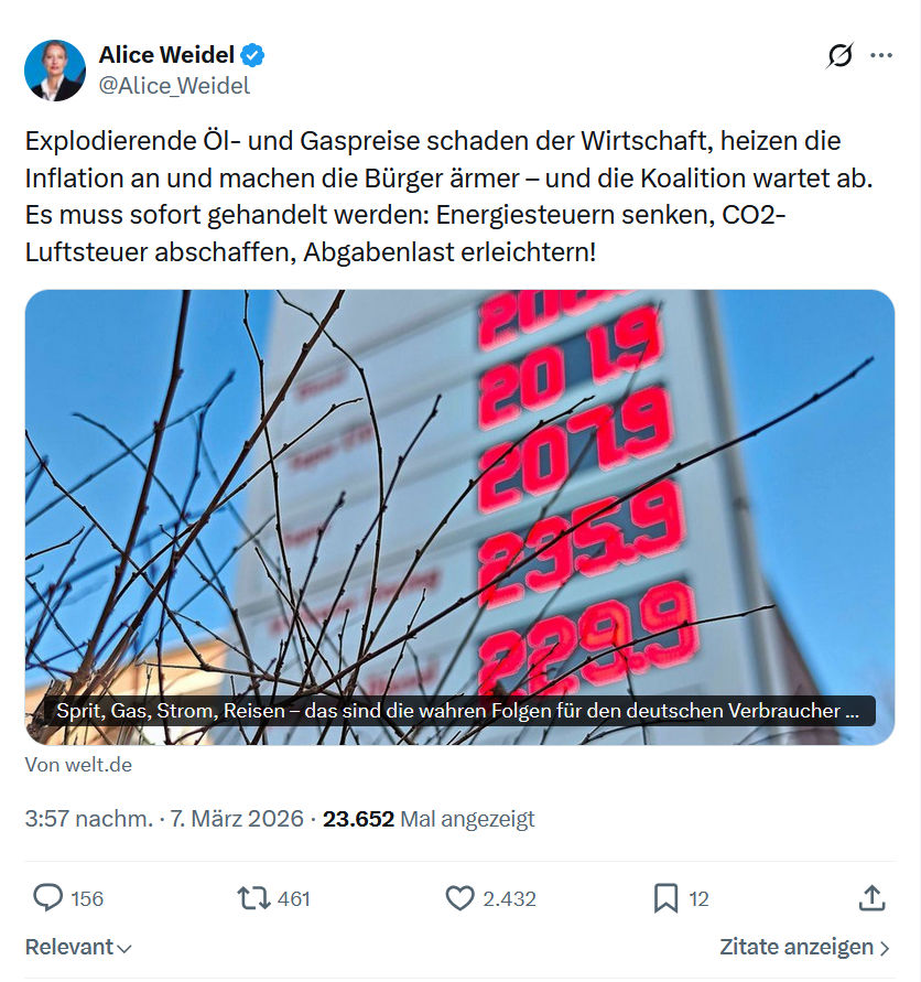 Alice Weidel: Explodierende Öl- und Gaspreise schaden der Wirtschaft...