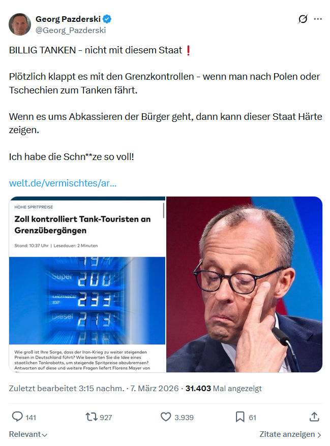 Georg Pazderski: BILLIG TANKEN - nicht mit diesem Staat...