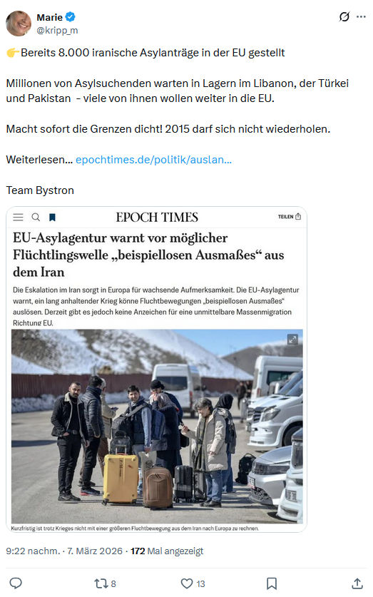 Marie kripp: Bereits 8.000 iranische Asylanträge in der EU gestellt...