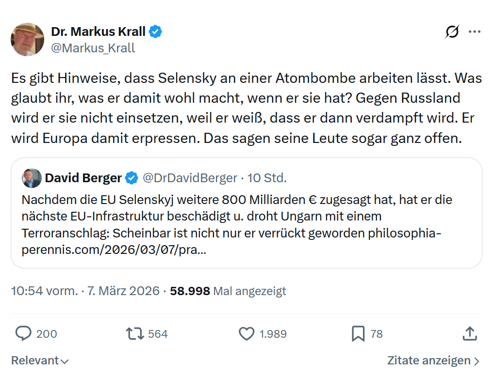 Markus Krall: Es gibt Hinweise, dass Selensky an einer Atombombe arbeiten lässt...