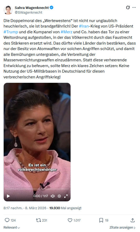 Sahra Wagenknecht: Die Doppelmoral des „Wertewestens“...