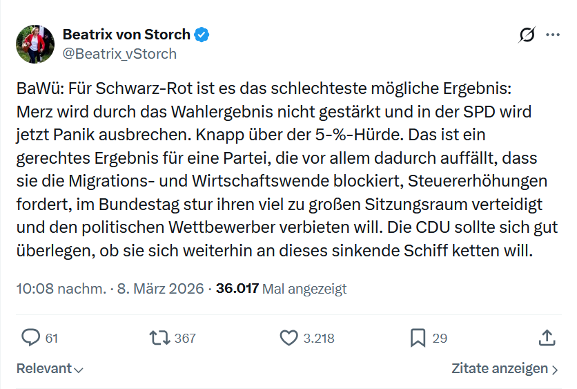 Beatrix von Storch: BaWü: Für Schwarz-Rot ist es das schlechteste...