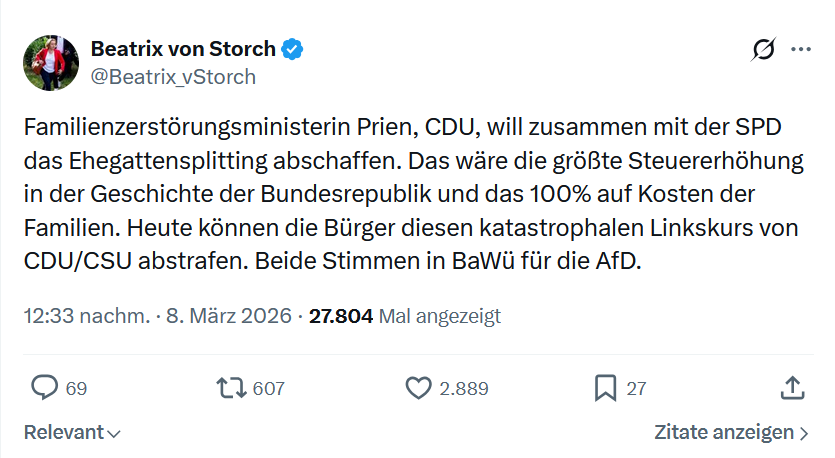 Beatrix von Storch: Familienzerstörungsministerin Prien, CDU, will zusammen mit der SPD...
