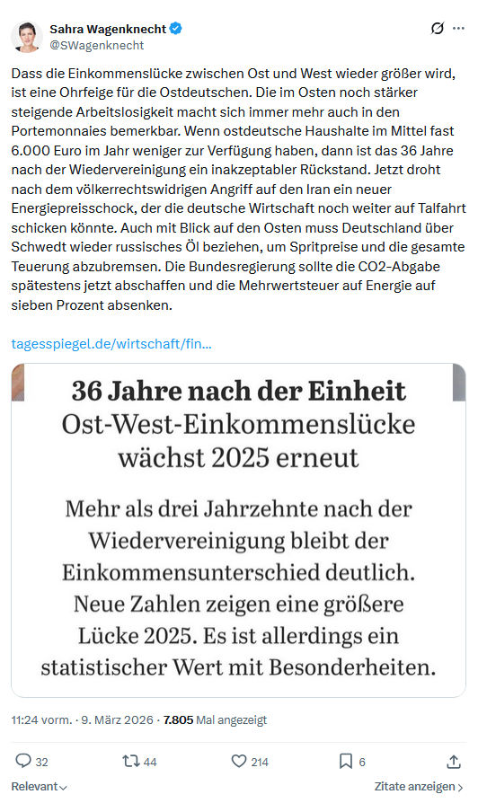 Sahra Wagenknecht: Dass die Einkommenslücke zwischen Ost und West...