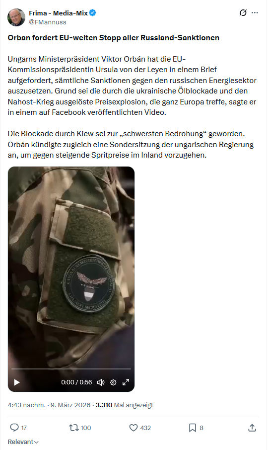 Friedrich Mannus: Orban fordert EU-weiten Stopp aller Russland-Sanktionen...