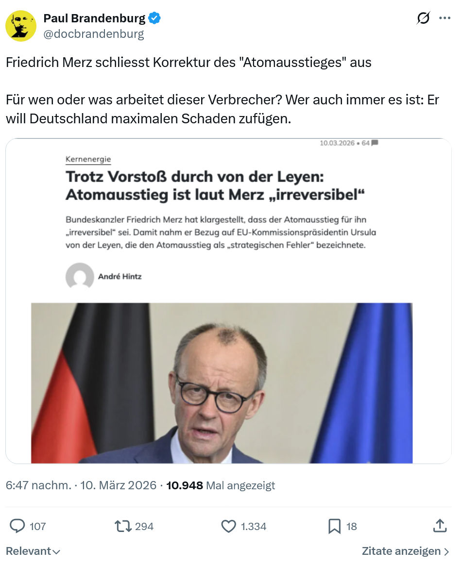 Paul Brandenburg: Friedrich Merz schliesst Korrektur des "Atomausstieges" aus…