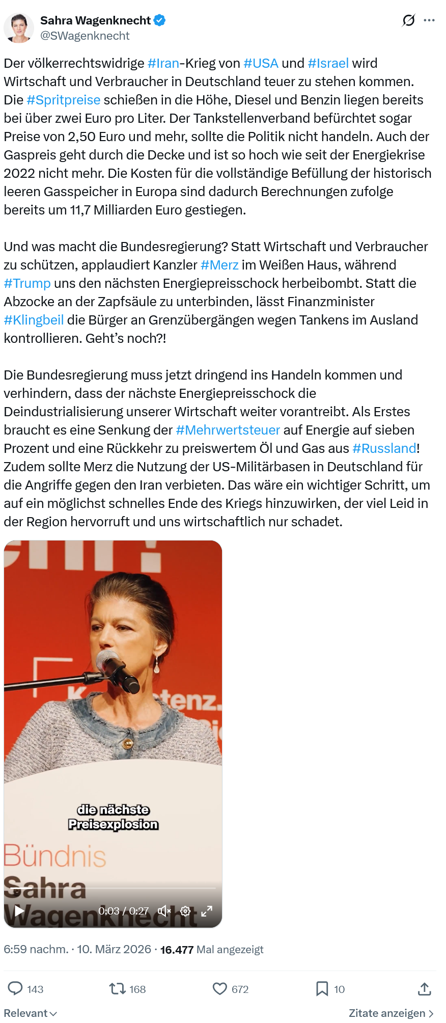 Sahra Wagenknecht: Der völkerrechtswidrige #Iran-Krieg von #USA und #Israel…