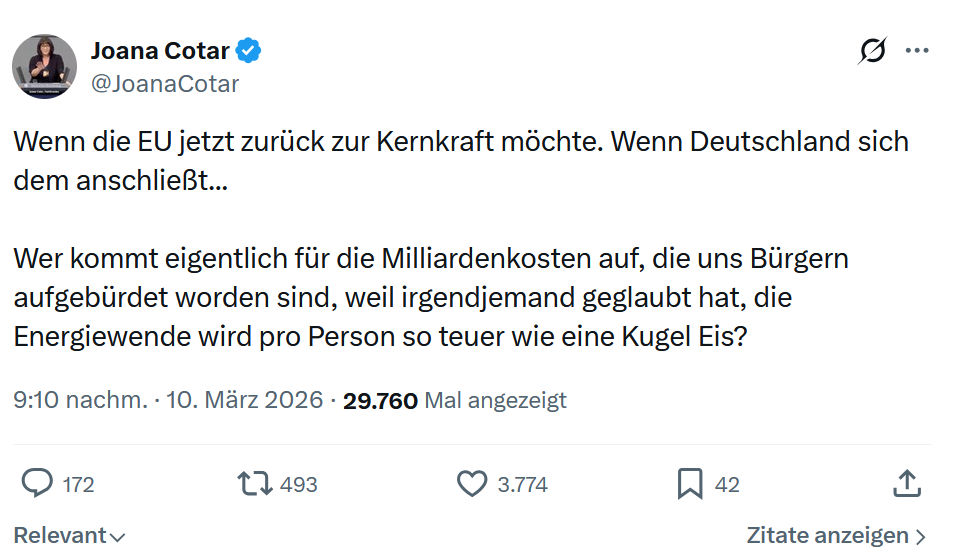 Joana Cotar: Wenn die EU jetzt zurück zur Kernkraft möchte…