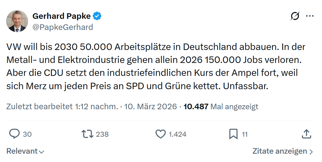 Gerhard Papke: VW will bis 2030 50.000 Arbeitsplätze in Deutschland abbauen…