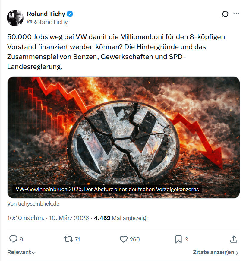 Roland Tichy: 50.000 Jobs weg bei VW damit die Millionenboni…