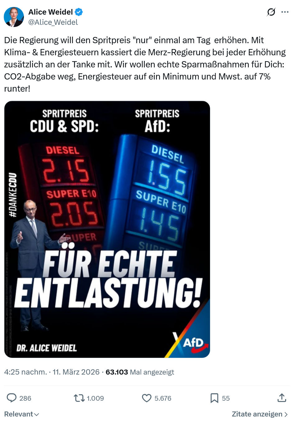 Alice Weidel: Die Regierung will den Spritpreis "nur"...