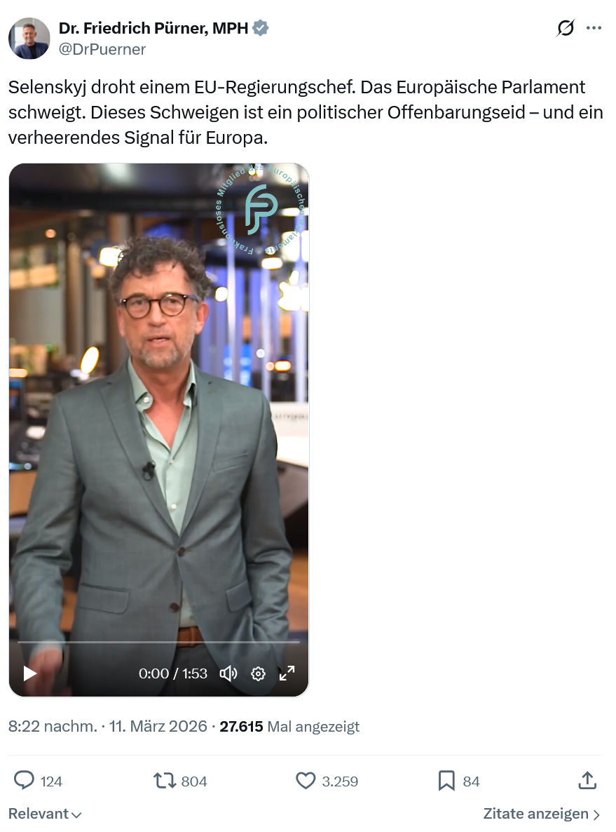 Friedrich Pürner: Selenskyj droht einem EU-Regierungschef…