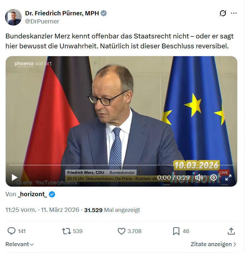 Friedrich Pürner: Bundeskanzler Merz kennt offenbar…