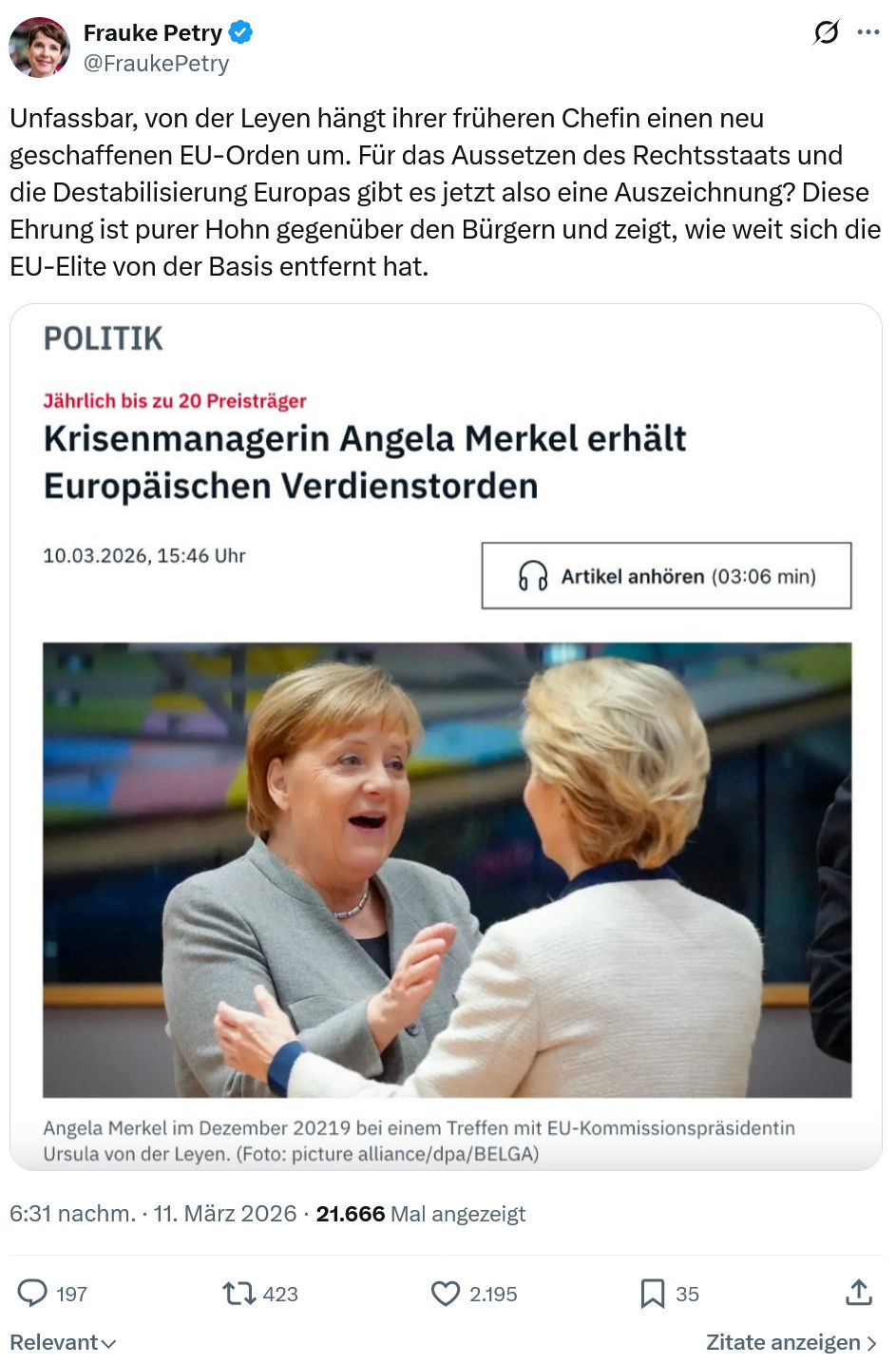 Frauke Petry: Unfassbar, von der Leyen hängt…
